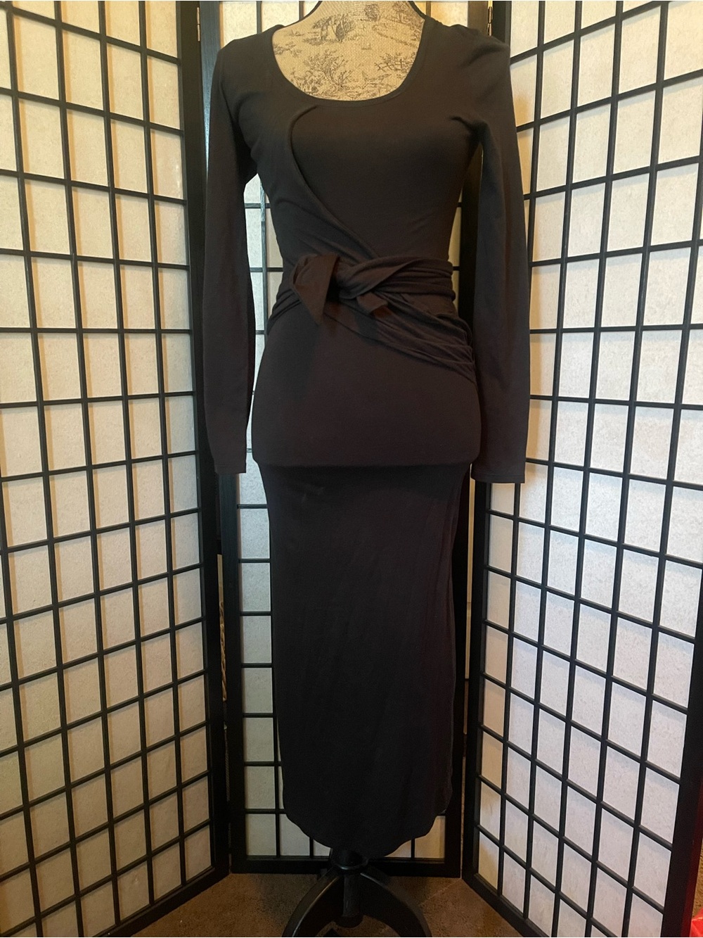 Jonathan Simkhai Black Long Sleeve Midi Dress with Waist Tie